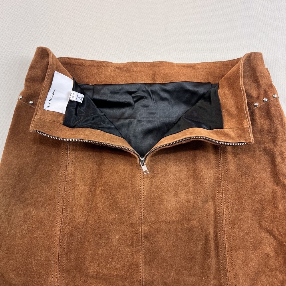 Muubaa 100% Suede Leather Mini Skirt Tan Western Boho Lace‎ Up Stud Detail Sz 10 - Picture 7 of 13